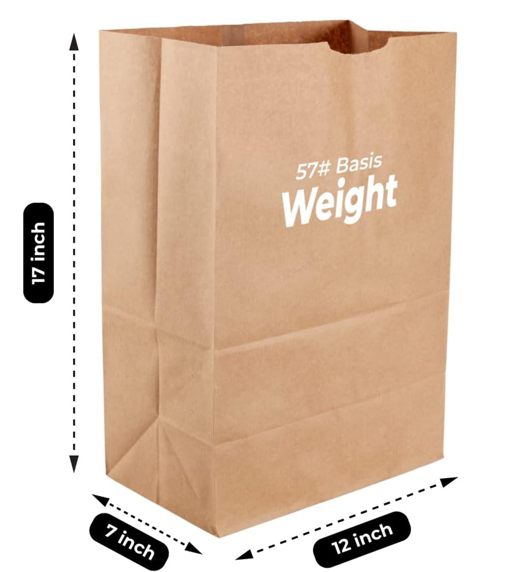 57 Lb Large Kraft Paper Grocery Bags with Handles - 12 x 17 x 7 - Durable, Reusable & Eco-Friendly Shopping Bags, Brown Kraft Take-Out Bags for Retail, To-Go, Any Occasion