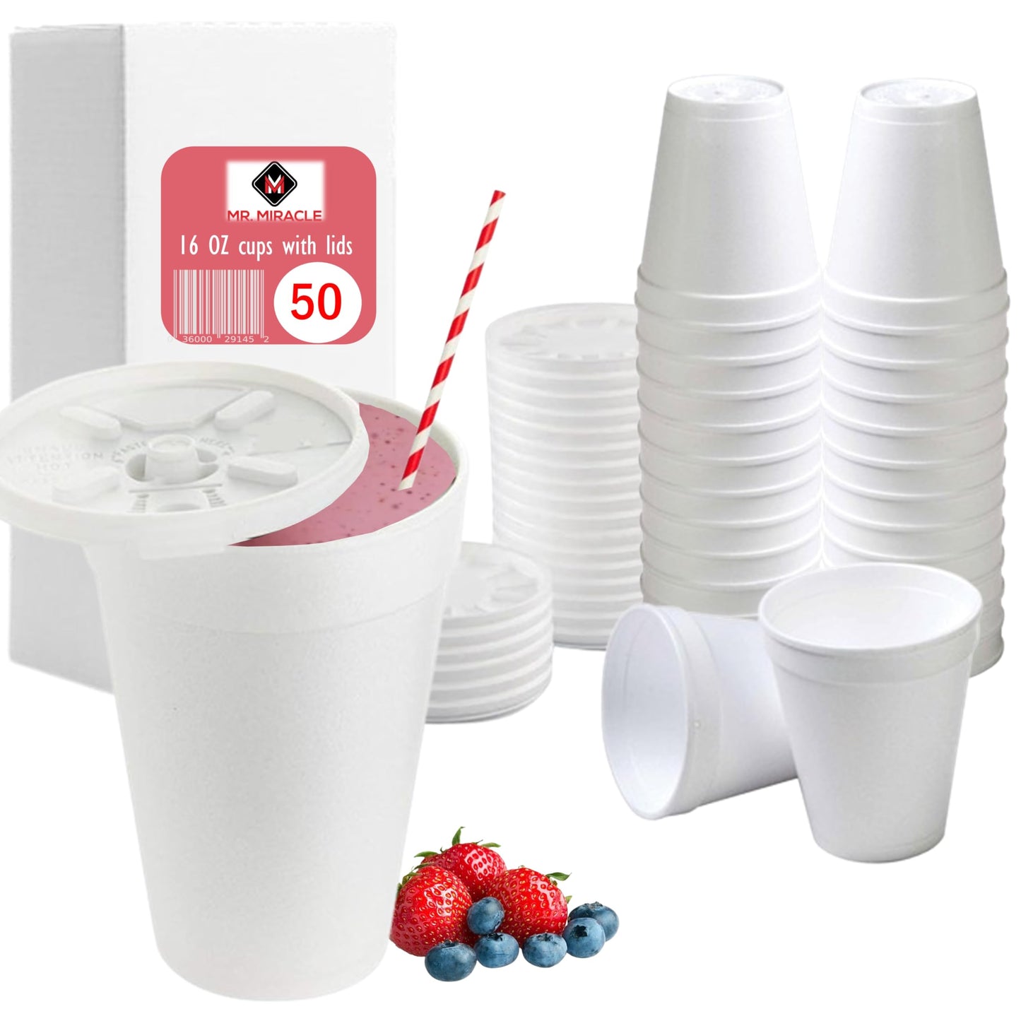 Foam Cups for Hot and Cold Drinks With Lids, USA-Made 50-Pack - Ideal Styrofoam Coffee Cups, Insulating To-Go Cups for Soda, Tea, Juice - Sturdy, Disposable and comparable to Industry standard