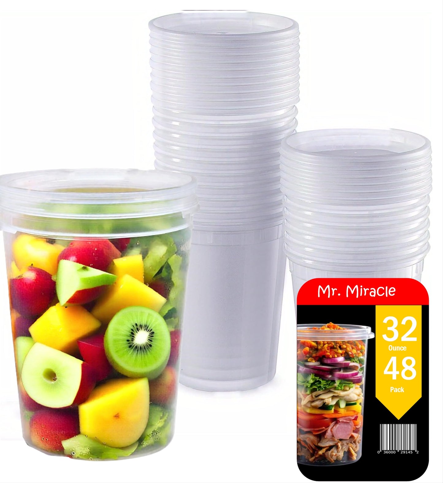 Mr. Miracle 16 Oz Food and Multi-Purpose Plastic Deli Containers with Matching Lids. Sealable. Non-Leaking. Microwavable, Freezer and Dishwasher Safe