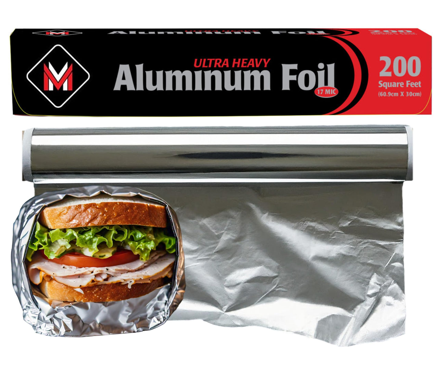 Heavy Duty Aluminum Foil Roll with Easy Tear Dispenser - 200 FT x 12 Inch Wide Tin Foil for Food Wrapping, BBQ, Grilling & Roasting - Non-Stick Aluminum Roll for Kitchen Use