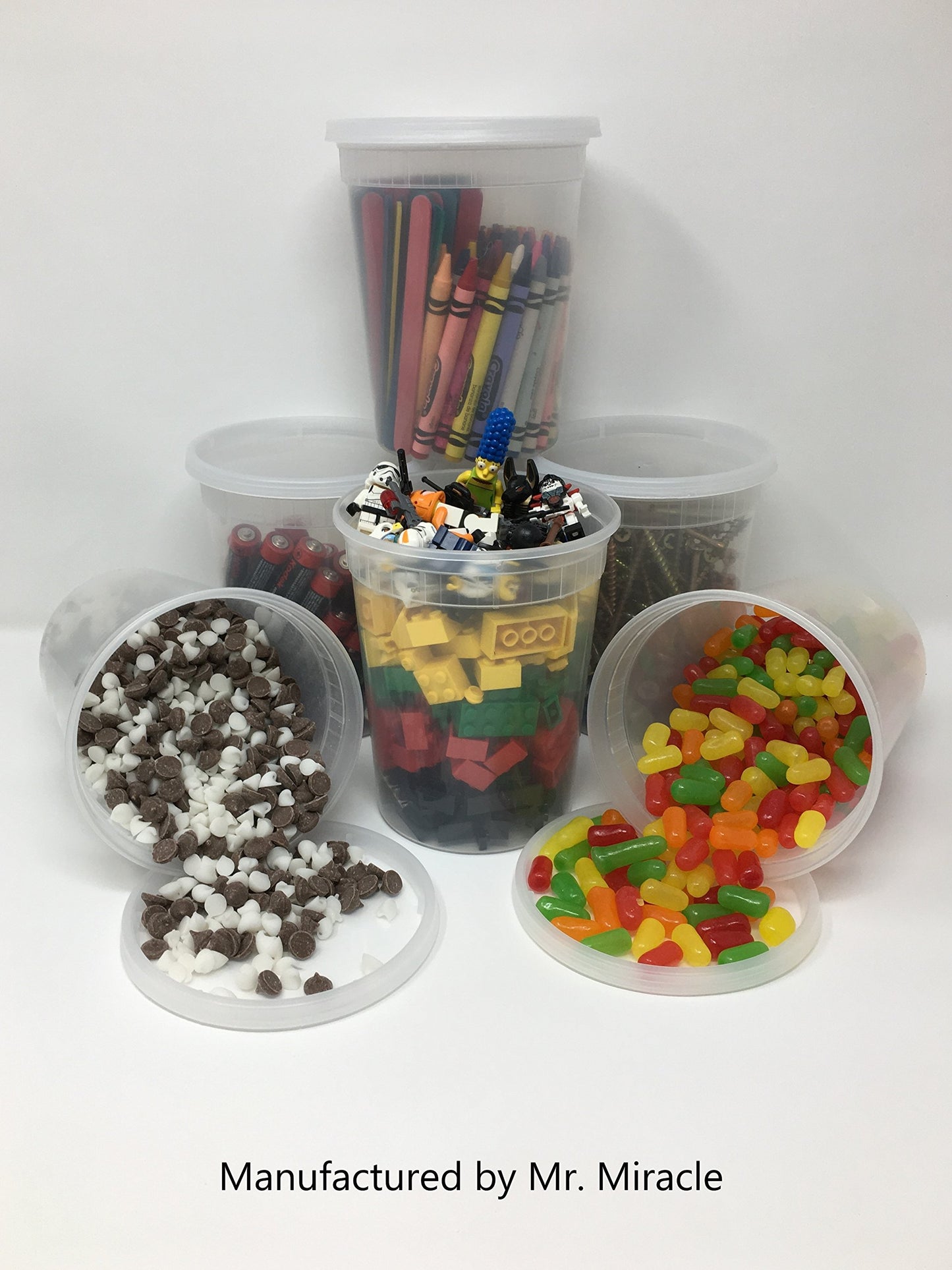Mr. Miracle 16 Oz Food and Multi-Purpose Plastic Deli Containers with Matching Lids. Sealable. Non-Leaking. Microwavable, Freezer and Dishwasher Safe
