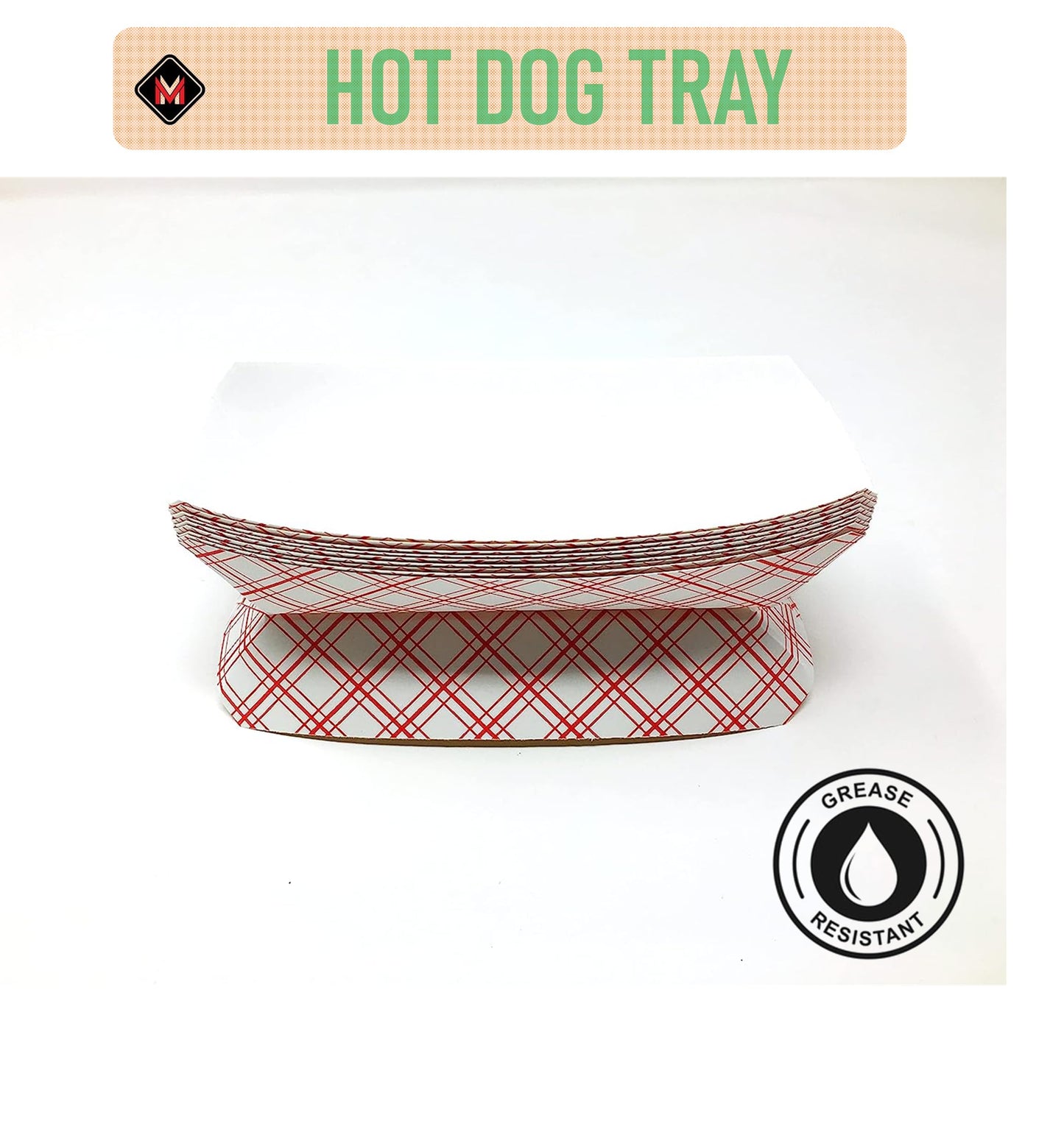Mr Miracle 7 Inch Paper Hot Dog Tray in Red White Pattern. Disposable, Recyclable and Fully Biodegradable.
