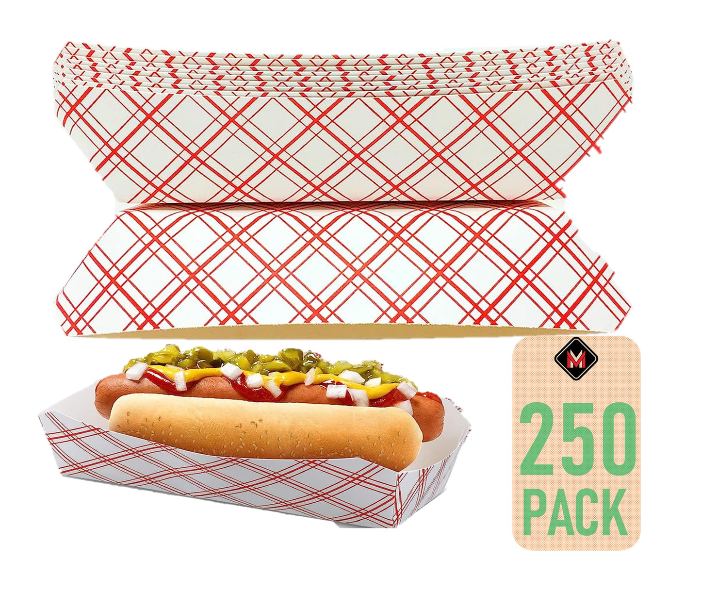 Mr Miracle 7 Inch Paper Hot Dog Tray in Red White Pattern. Disposable, Recyclable and Fully Biodegradable.