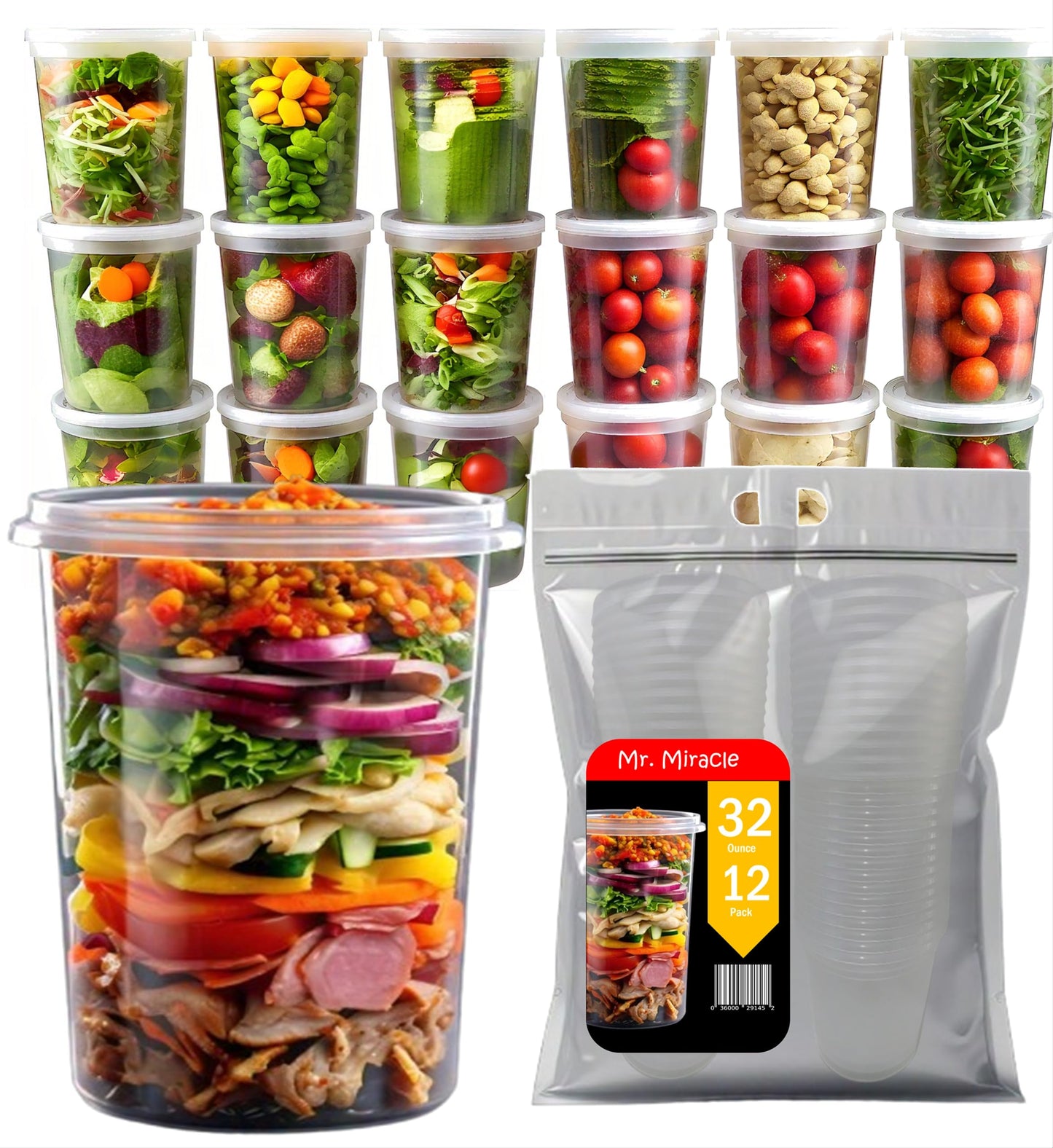 Mr. Miracle 16 Oz Food and Multi-Purpose Plastic Deli Containers with Matching Lids. Sealable. Non-Leaking. Microwavable, Freezer and Dishwasher Safe