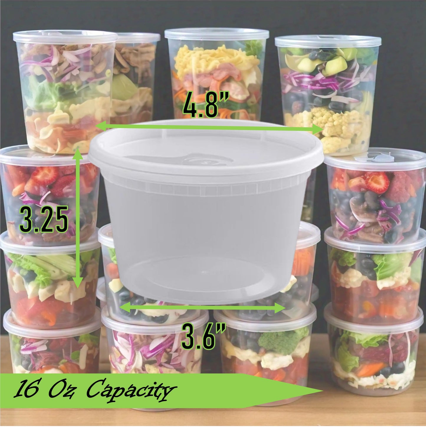 Mr. Miracle 16 Oz Food and Multi-Purpose Plastic Deli Containers with Matching Lids. Sealable. Non-Leaking. Microwavable, Freezer and Dishwasher Safe