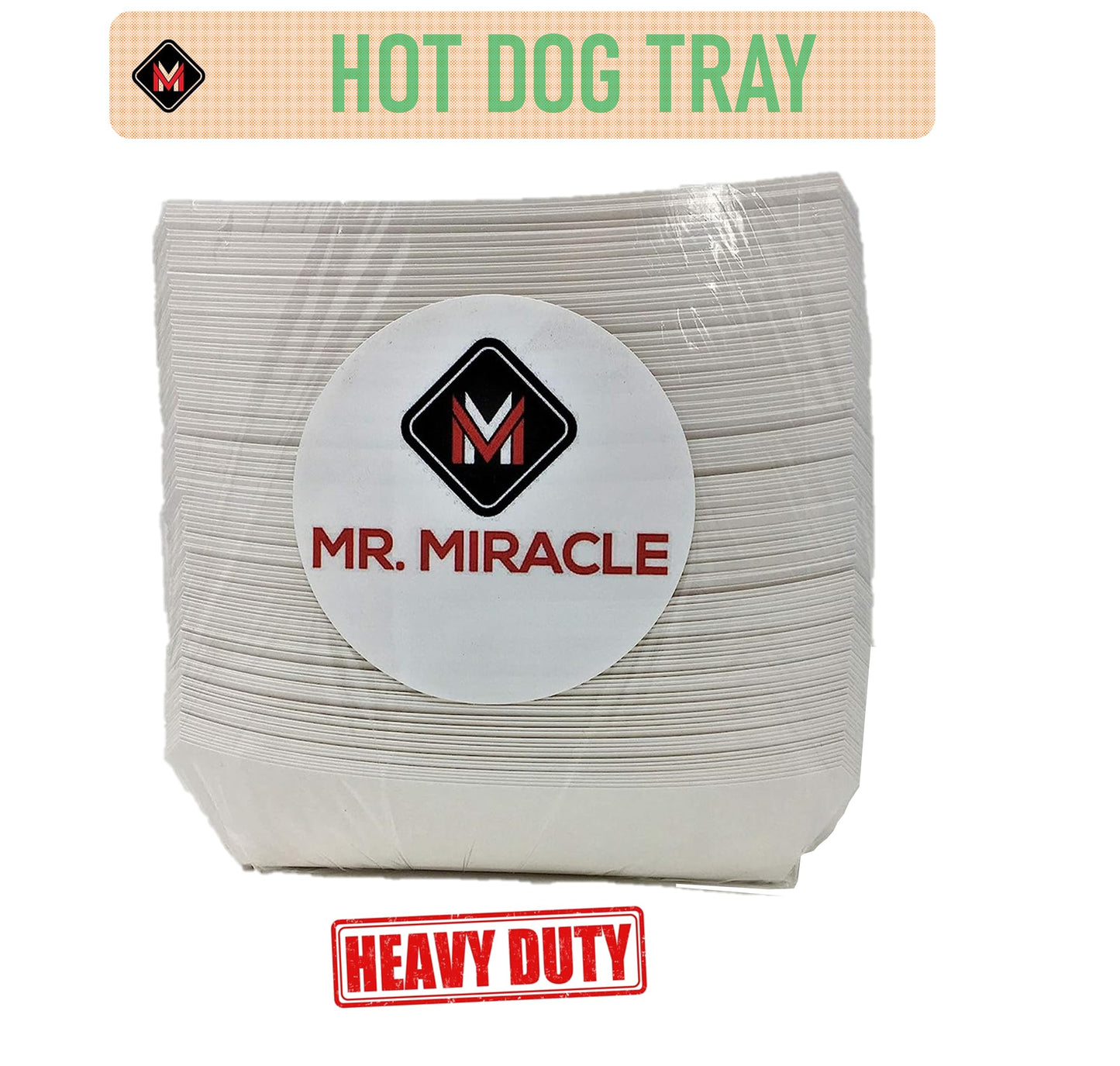 Mr Miracle 7 Inch Paper Hot Dog Tray in Red White Pattern. Disposable, Recyclable and Fully Biodegradable.