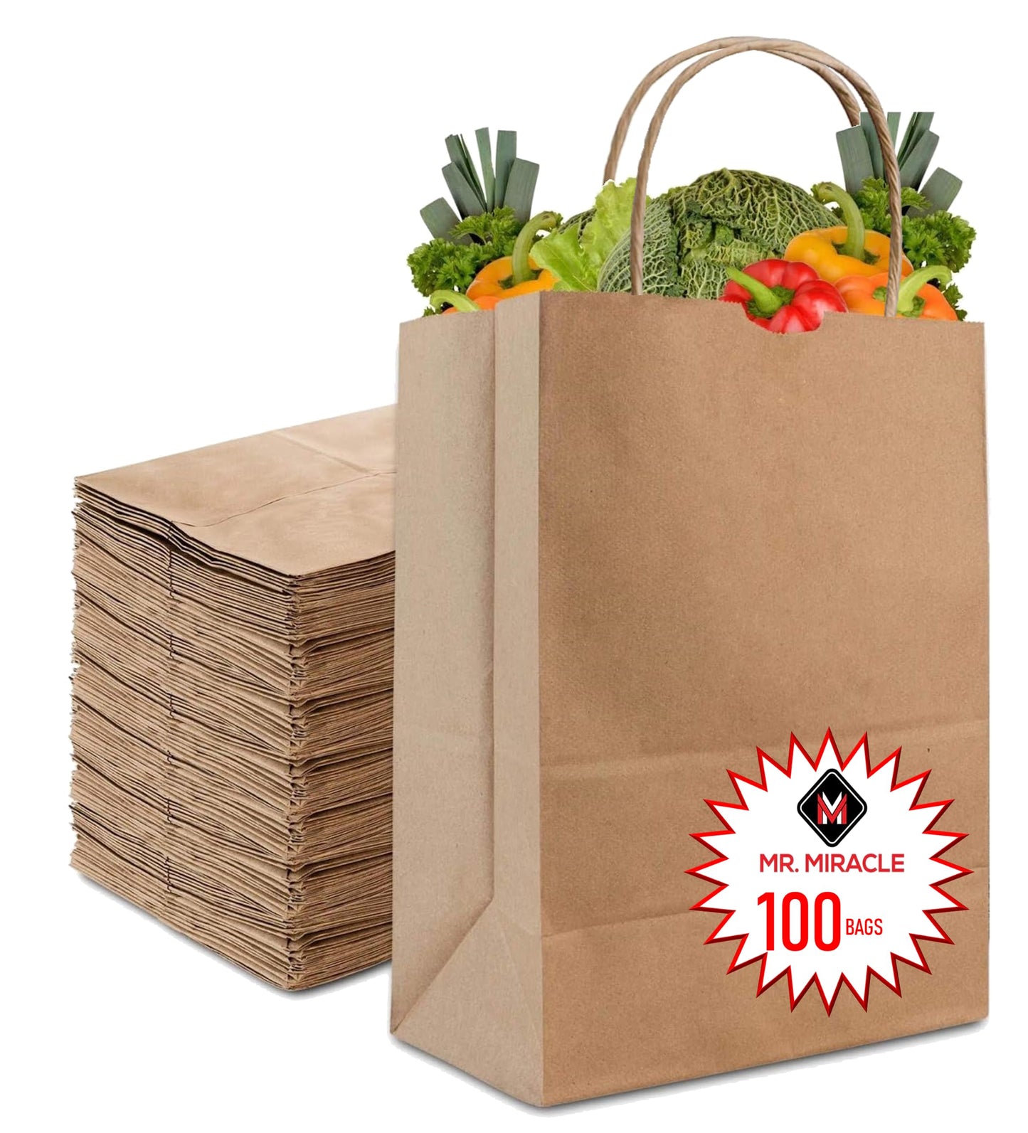 57 Lb Large Kraft Paper Grocery Bags with Handles - 12 x 17 x 7 - Durable, Reusable & Eco-Friendly Shopping Bags, Brown Kraft Take-Out Bags for Retail, To-Go, Any Occasion