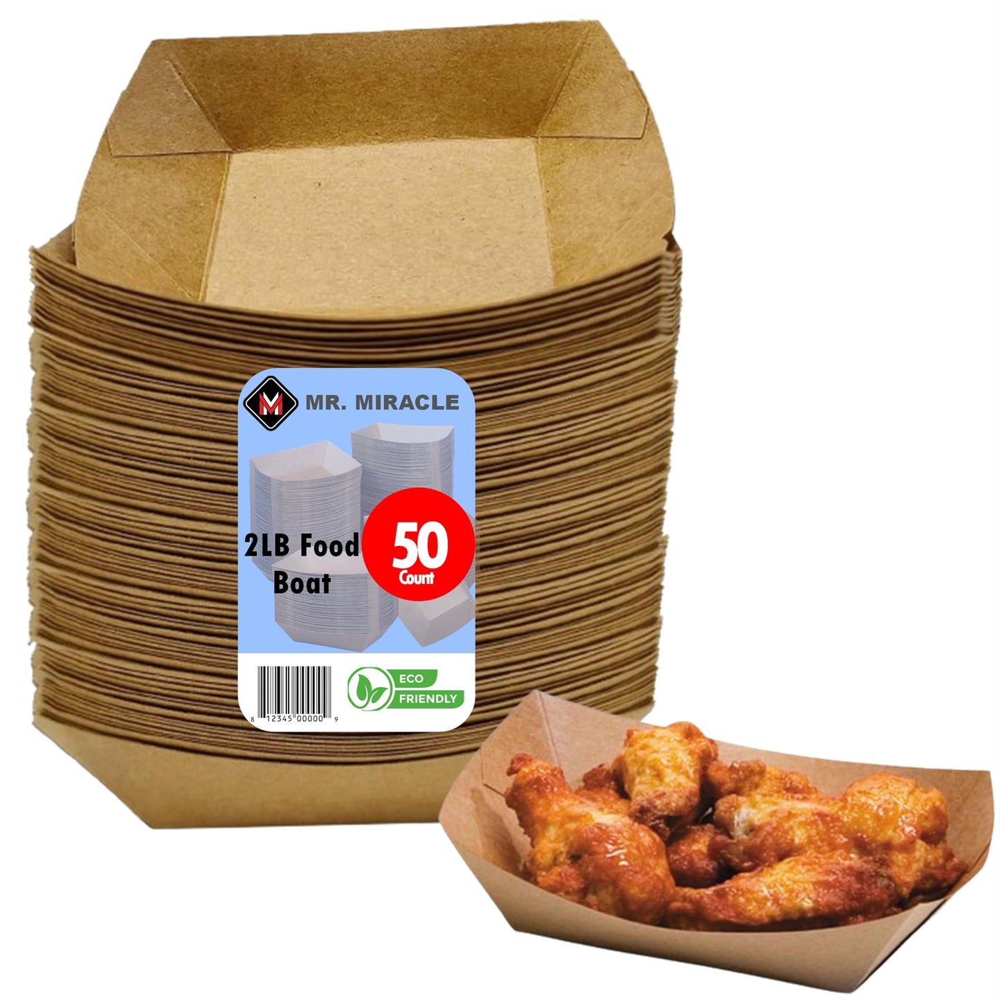 Mr Miracle Kraft Paper Food Tray. 2 Pound Size. Disposable, Recyclable and Fully Biodegradable. Made in USA