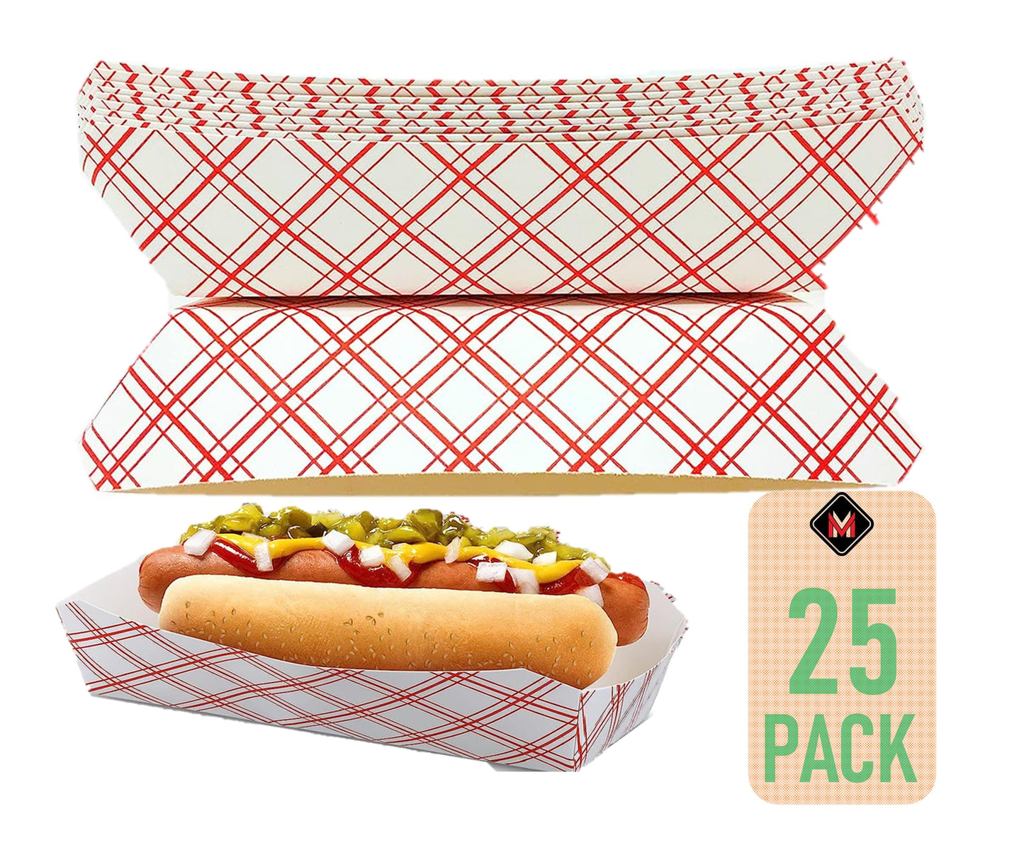 Mr Miracle 7 Inch Paper Hot Dog Tray in Red White Pattern. Disposable, Recyclable and Fully Biodegradable.