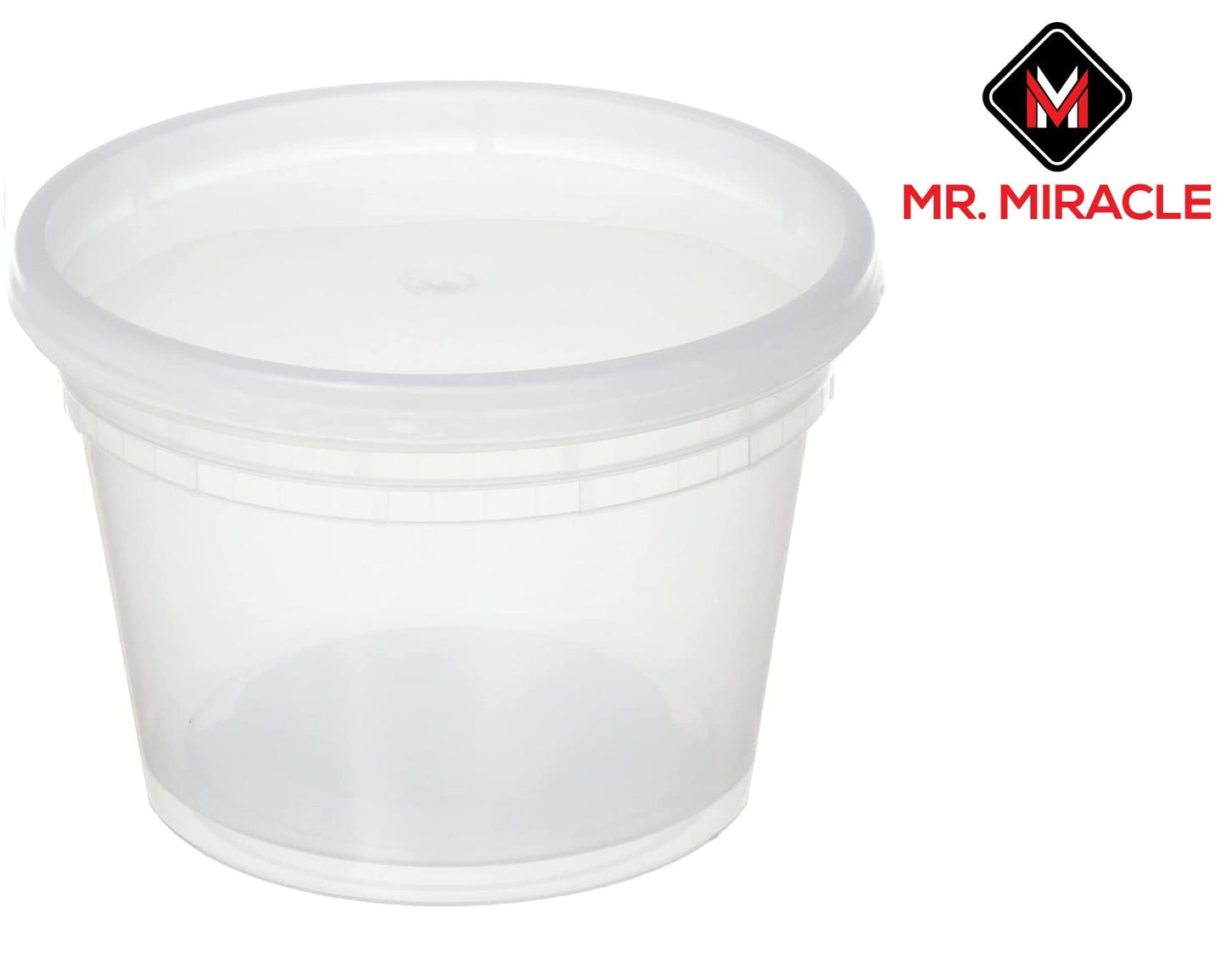 Mr. Miracle 16 Oz Food and Multi-Purpose Plastic Deli Containers with Matching Lids. Sealable. Non-Leaking. Microwavable, Freezer and Dishwasher Safe