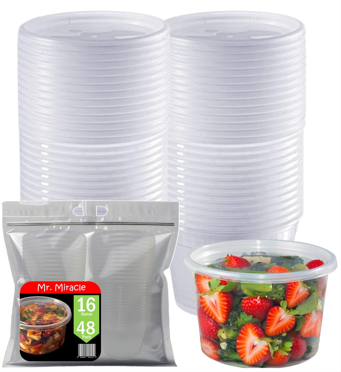 Mr. Miracle 16 Oz Food and Multi-Purpose Plastic Deli Containers with Matching Lids. Sealable. Non-Leaking. Microwavable, Freezer and Dishwasher Safe