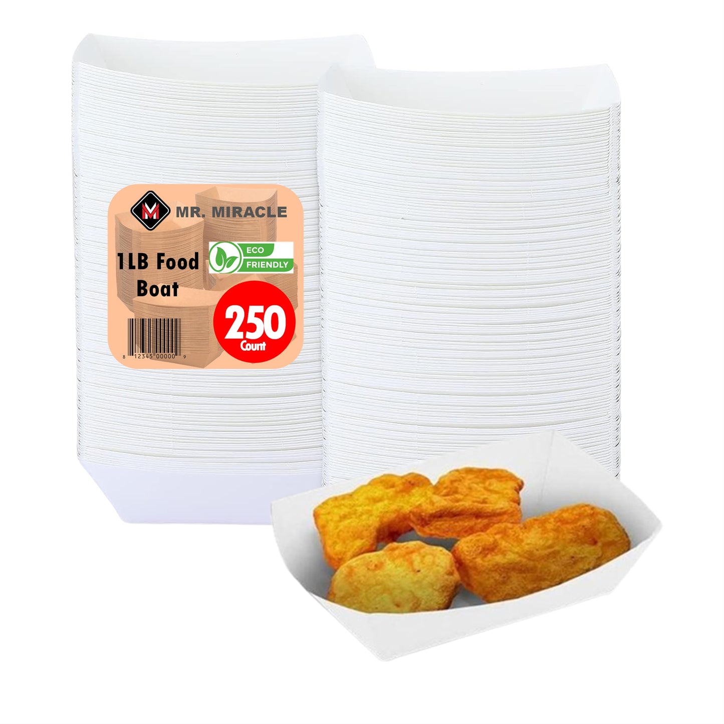 Mr Miracle White and Red Paper Food Tray. 1-Pound Size. Disposable, Recyclable and Fully Biodegradable. Made in USA