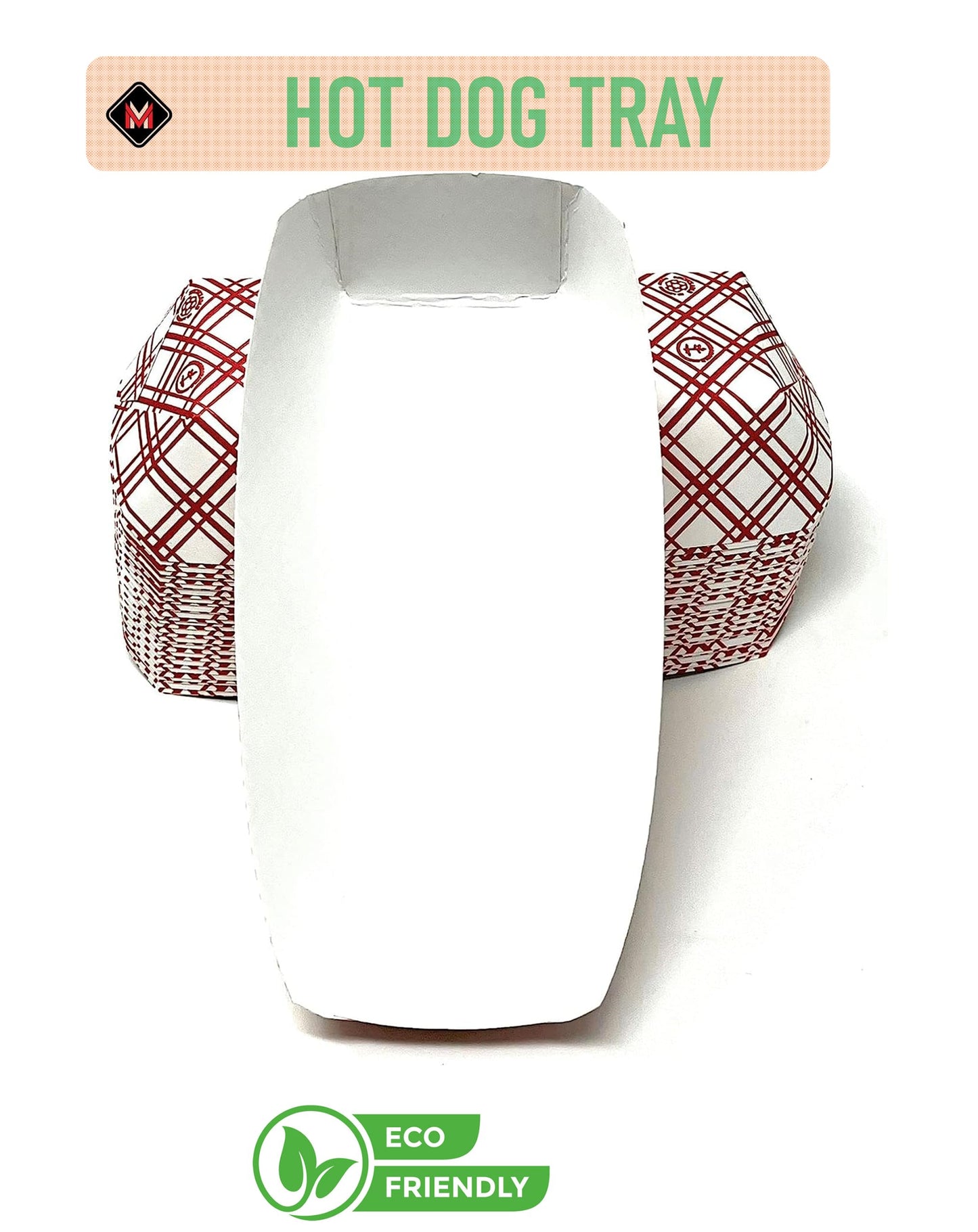 Mr Miracle 7 Inch Paper Hot Dog Tray in Red White Pattern. Disposable, Recyclable and Fully Biodegradable.