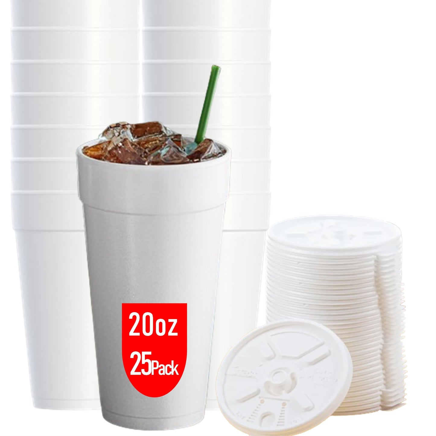 Foam Cups for Hot and Cold Drinks With Lids, USA-Made 50-Pack - Ideal Styrofoam Coffee Cups, Insulating To-Go Cups for Soda, Tea, Juice - Sturdy, Disposable and comparable to Industry standard