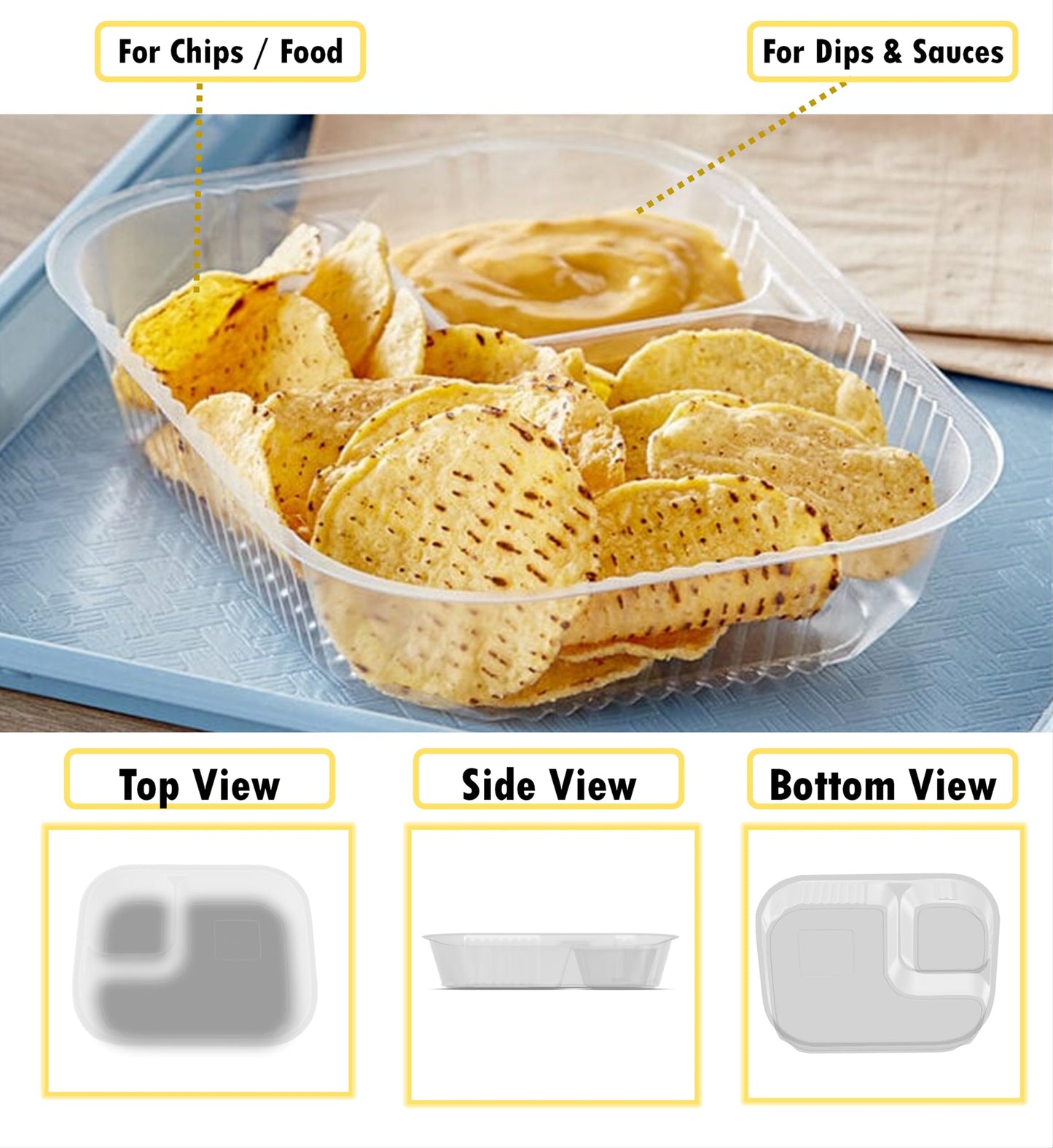 Mr Miracle Disposable Plastic Nacho Trays with 2 Compartments - 12oz Crystal Clear Nachos Trays for Cheese Dip, Concession Stands, Movie Nights & Sports Parties - Leak-Resistant & Freezer Safe…