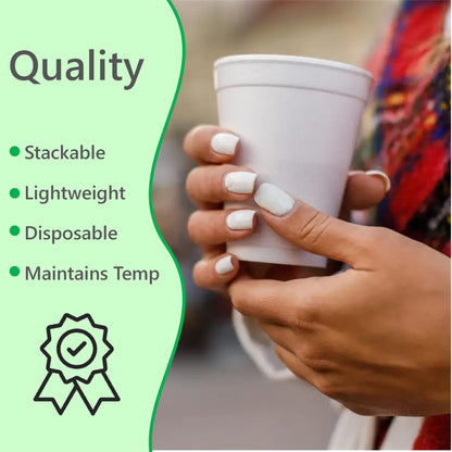 Foam Cups for Hot and Cold Drinks With Lids, USA-Made 50-Pack - Ideal Styrofoam Coffee Cups, Insulating To-Go Cups for Soda, Tea, Juice - Sturdy, Disposable and comparable to Industry standard