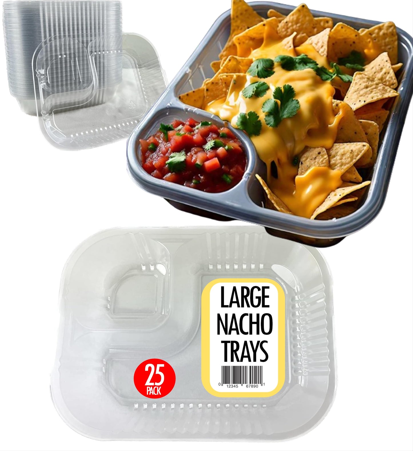 Mr Miracle Disposable Plastic Nacho Trays with 2 Compartments - 12oz Crystal Clear Nachos Trays for Cheese Dip, Concession Stands, Movie Nights & Sports Parties - Leak-Resistant & Freezer Safe…