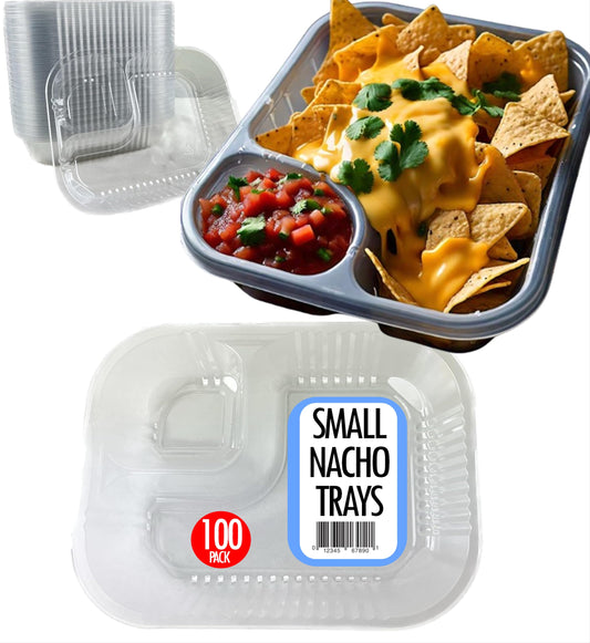 Mr Miracle Disposable Plastic Nacho Trays with 2 Compartments - 12oz Crystal Clear Nachos Trays for Cheese Dip, Concession Stands, Movie Nights & Sports Parties - Leak-Resistant & Freezer Safe…