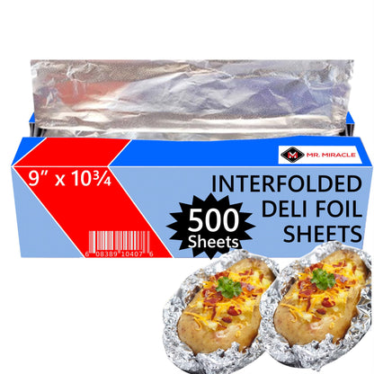 Box of Pre-Cut Aluminum Foil Sheets - Wide and Heat-Tolerant Deli Foil Sheets, 100% Aluminum, Ideal for Food Wrapping, Grilling & Freezing, Convenient Dispenser