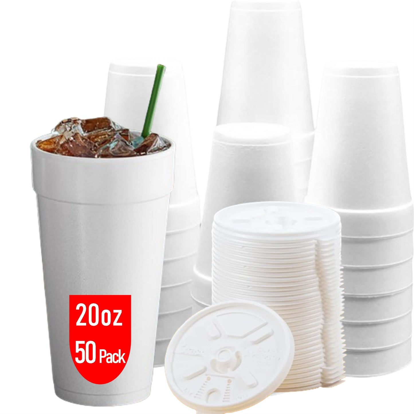 Foam Cups for Hot and Cold Drinks With Lids, USA-Made 50-Pack - Ideal Styrofoam Coffee Cups, Insulating To-Go Cups for Soda, Tea, Juice - Sturdy, Disposable and comparable to Industry standard