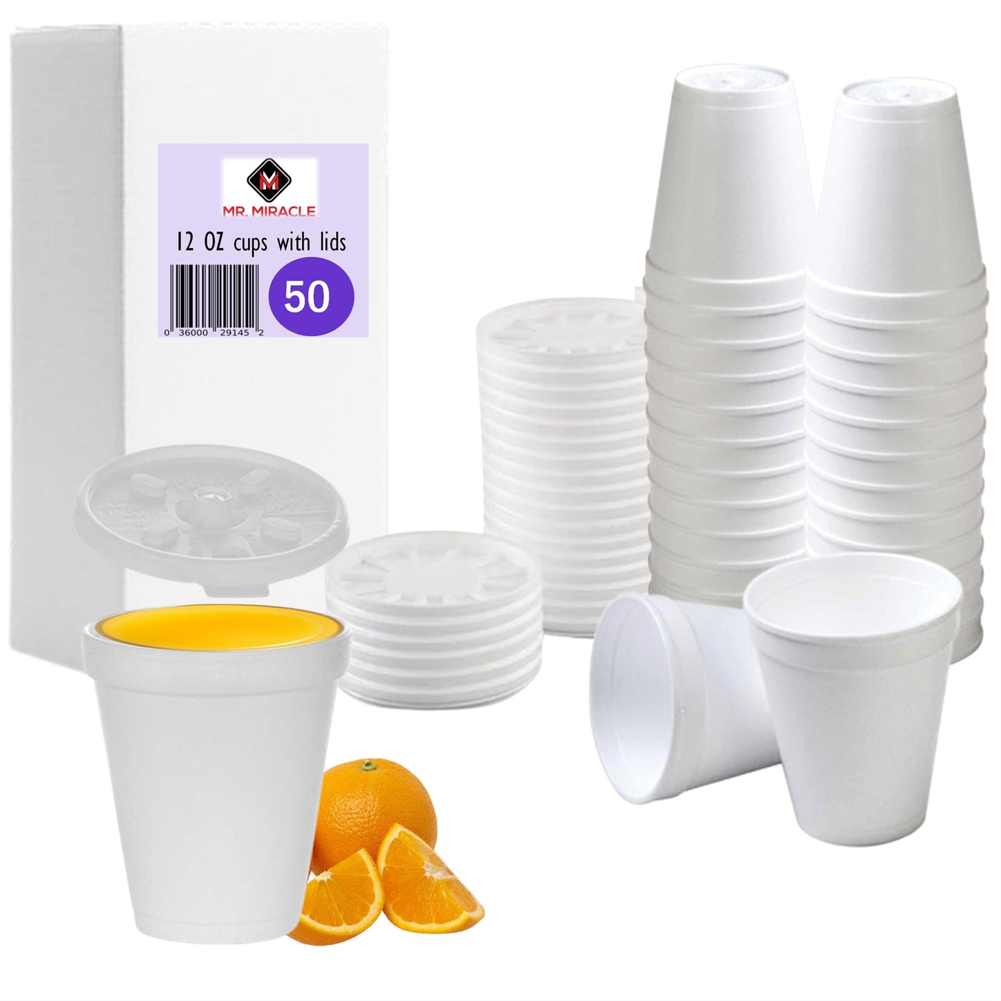 Foam Cups for Hot and Cold Drinks With Lids, USA-Made 50-Pack - Ideal Styrofoam Coffee Cups, Insulating To-Go Cups for Soda, Tea, Juice - Sturdy, Disposable and comparable to Industry standard