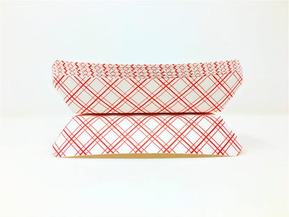 Mr Miracle 7 Inch Paper Hot Dog Tray in Red White Pattern. Disposable, Recyclable and Fully Biodegradable.