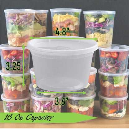 Mr. Miracle 16 Oz Food and Multi-Purpose Plastic Deli Containers with Matching Lids. Sealable. Non-Leaking. Microwavable, Freezer and Dishwasher Safe