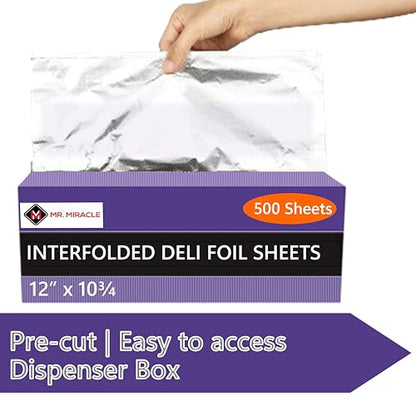 Box of Pre-Cut Aluminum Foil Sheets - Wide and Heat-Tolerant Deli Foil Sheets, 100% Aluminum, Ideal for Food Wrapping, Grilling & Freezing, Convenient Dispenser