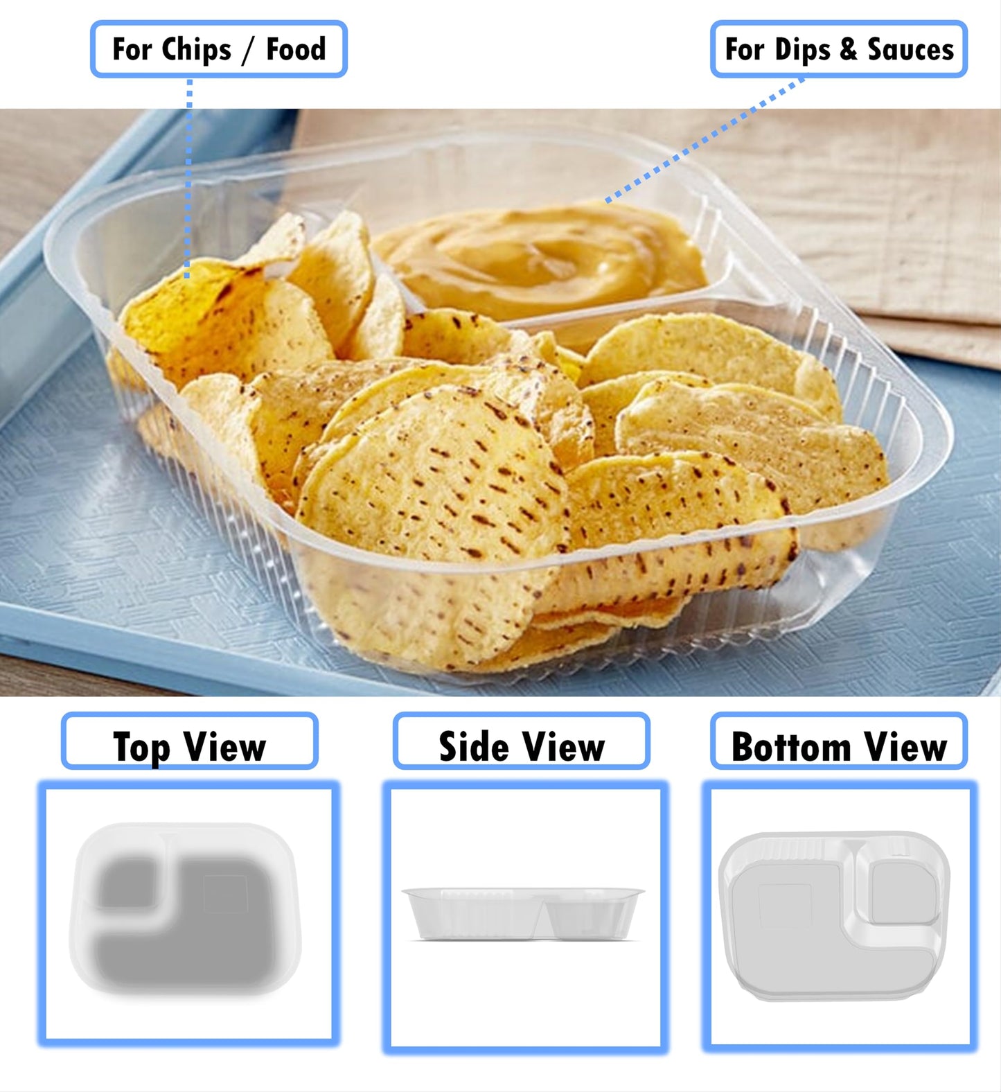 Mr Miracle Disposable Plastic Nacho Trays with 2 Compartments - 12oz Crystal Clear Nachos Trays for Cheese Dip, Concession Stands, Movie Nights & Sports Parties - Leak-Resistant & Freezer Safe…