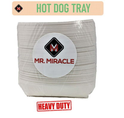 Mr Miracle 7 Inch Paper Hot Dog Tray in Red White Pattern. Disposable, Recyclable and Fully Biodegradable.