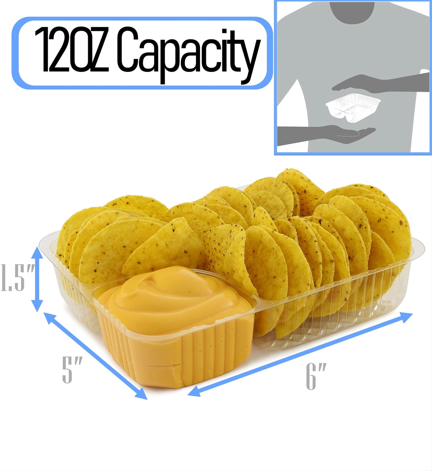 Mr Miracle Disposable Plastic Nacho Trays with 2 Compartments - 12oz Crystal Clear Nachos Trays for Cheese Dip, Concession Stands, Movie Nights & Sports Parties - Leak-Resistant & Freezer Safe…