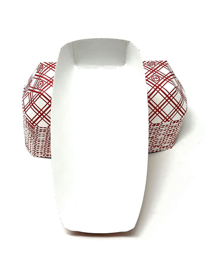 Mr Miracle 7 Inch Paper Hot Dog Tray in Red White Pattern. Disposable, Recyclable and Fully Biodegradable.