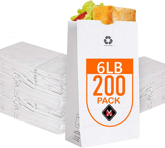 6LB White Paper Lunch Bags - Pack of 200 Durable, Recyclable, and Biodegradable Snack Bags for Food Storage - Great for Lunch, Crafts, Concessions, Cafes, and Delis