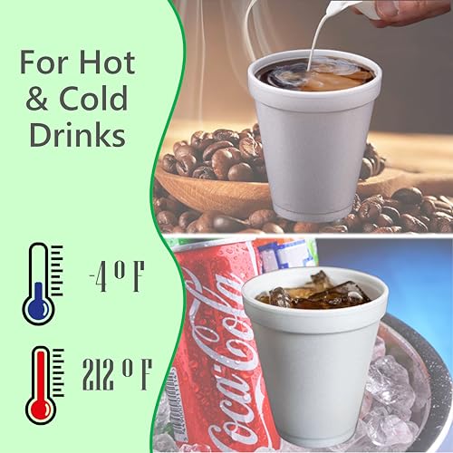 Foam Cups for Hot and Cold Drinks With Lids, USA-Made 50-Pack - Ideal Styrofoam Coffee Cups, Insulating To-Go Cups for Soda, Tea, Juice - Sturdy, Disposable and comparable to Industry standard