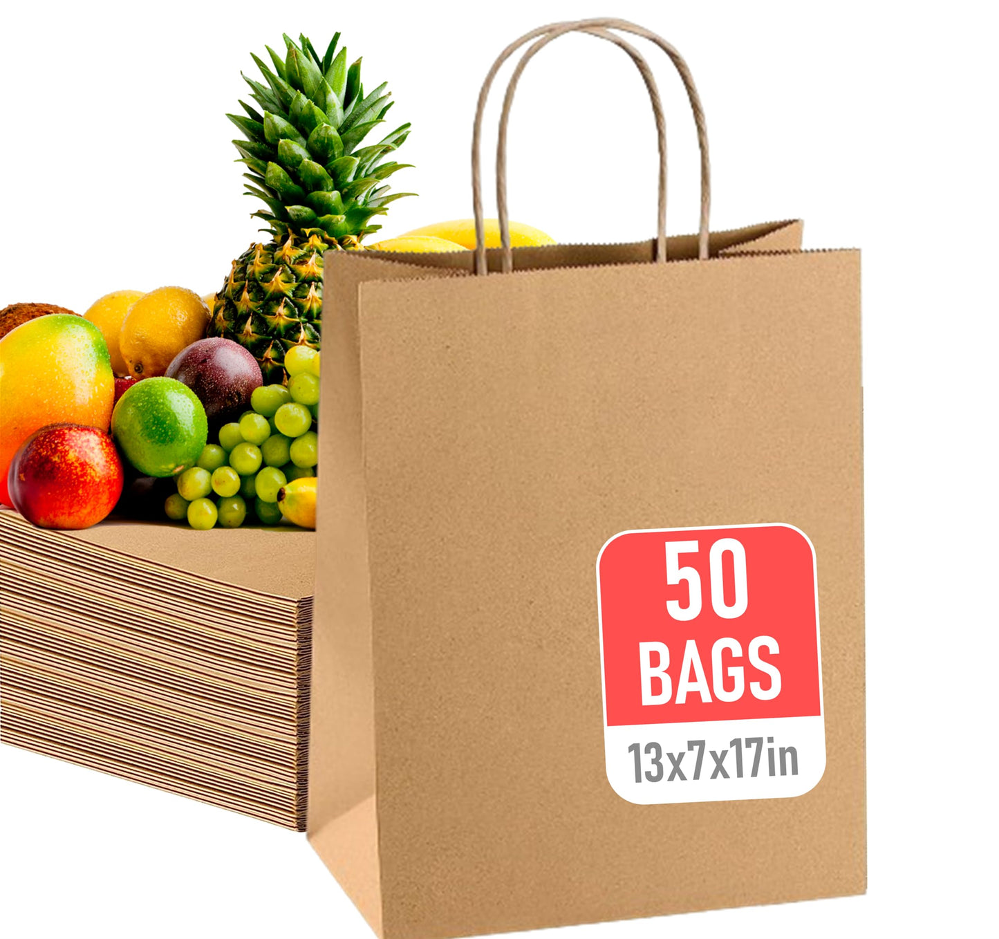 Large Paper Bags With Handles - 17X13X7 Premium Quality Shopping & Grocery Bags - Multi-Pack, 100% Recyclable - Ideal for Merchandise, Retail & Large Gift Bags